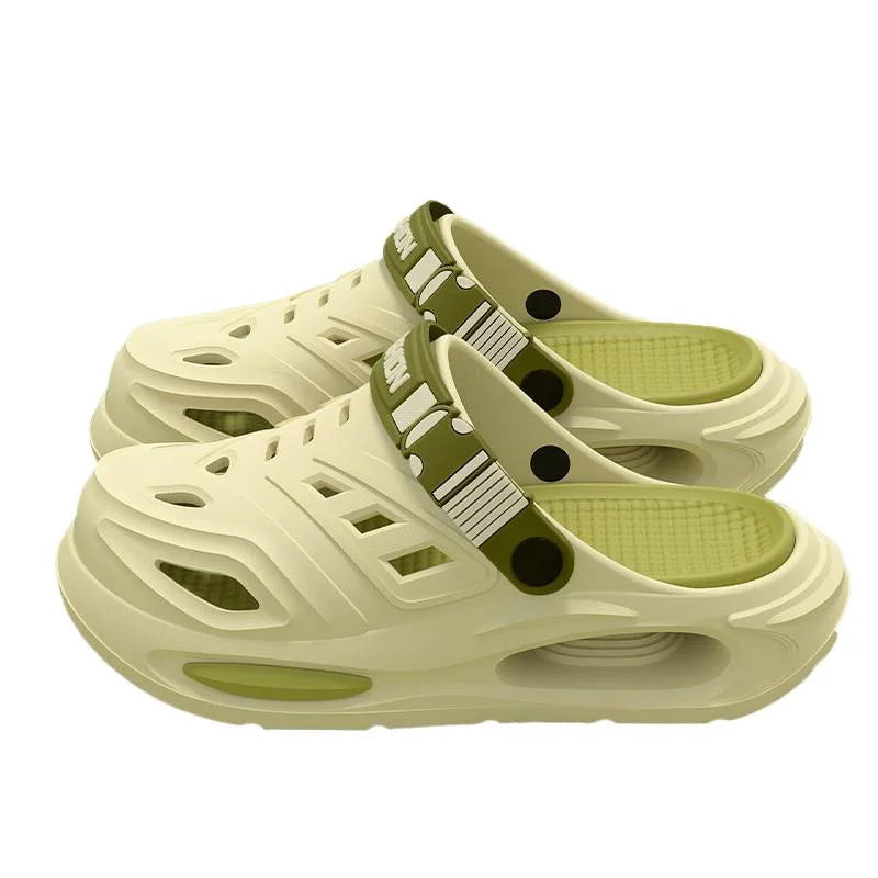 MobilityBuy.com cream arch-support sandals with olive-green strap, anti-slip, breathable thick sole (2 shoes)