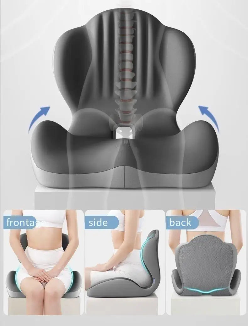 Lumbar support memory foam cushion by MobilityBuy.com; gray ergonomic posture-correcting pad.