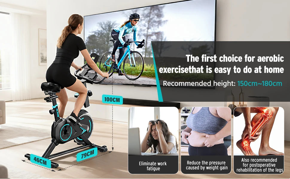 MobilityBuy.com upright spin exercise bike with silent air resistance, Zwift APP connected, black with teal accents.