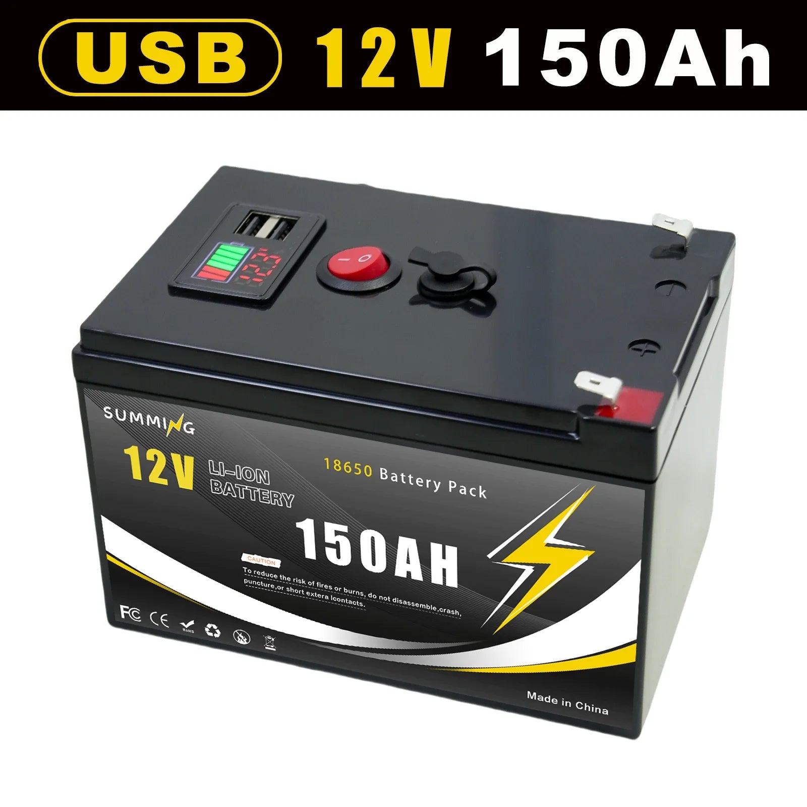 12V Lithium LiFePO4 mobility battery with USB port, showcasing compact design and robust construction for scooters.