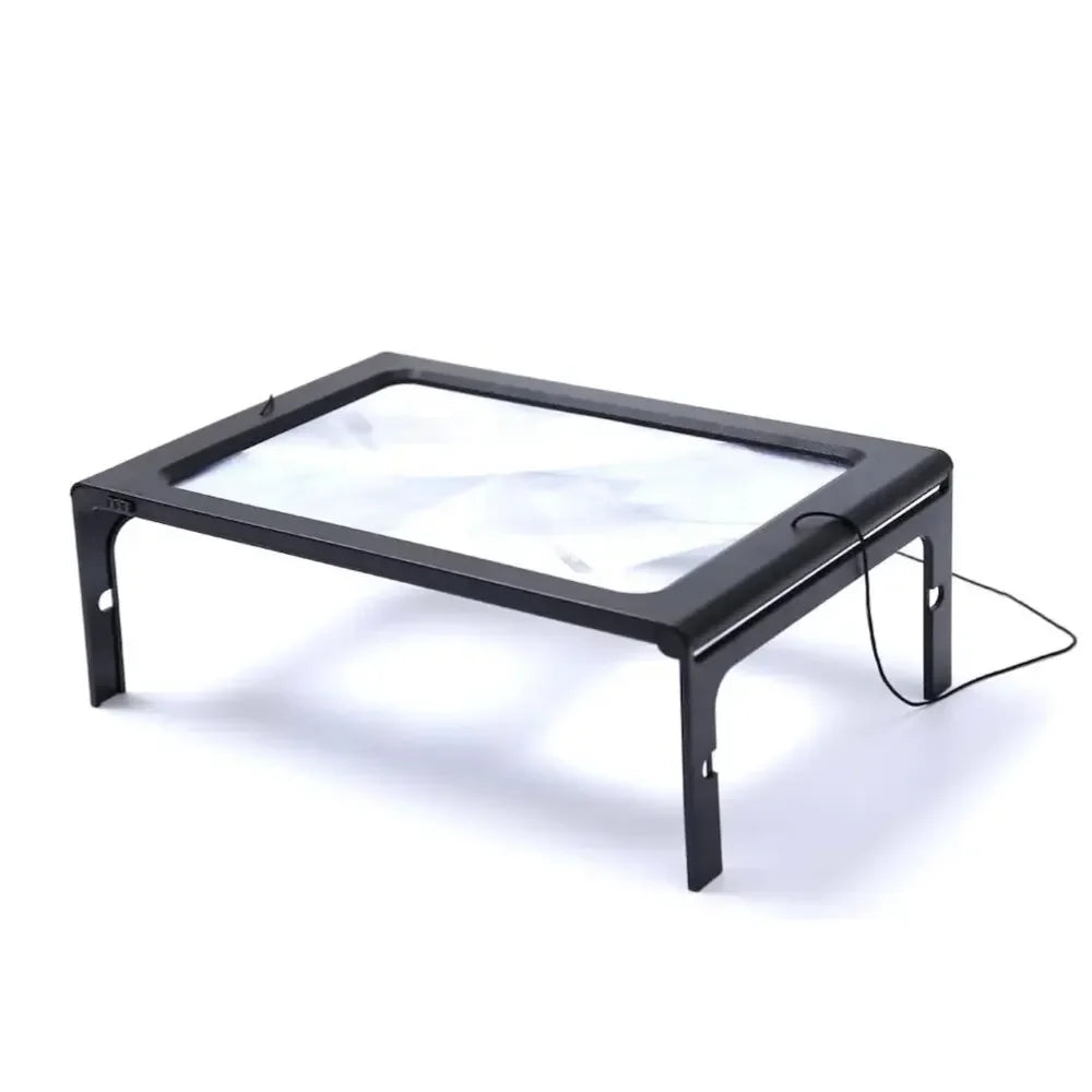 Battery-powered LED hands-free magnifier with detachable stand, ideal for large print viewing by MobilityBuy.