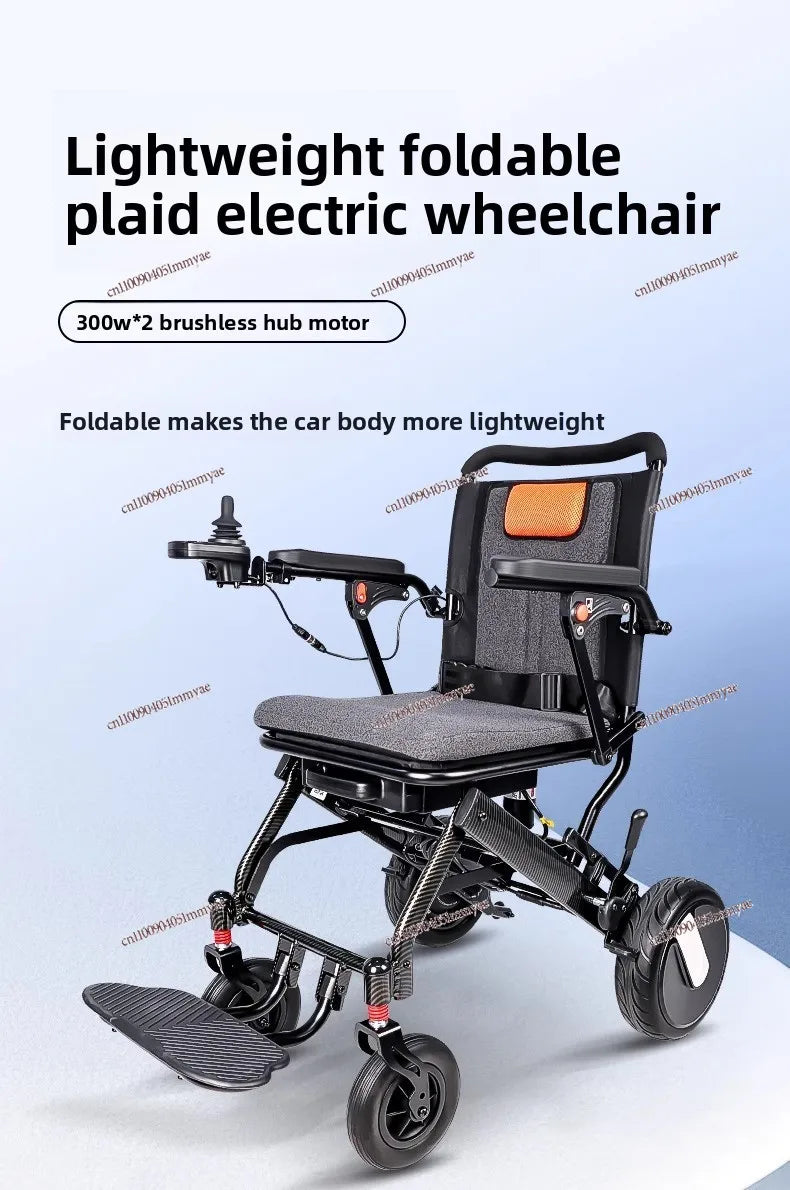 Lightweight foldable electric wheelchair for elderly and disabled, featuring intelligent automatic operation, shown in a compact design.