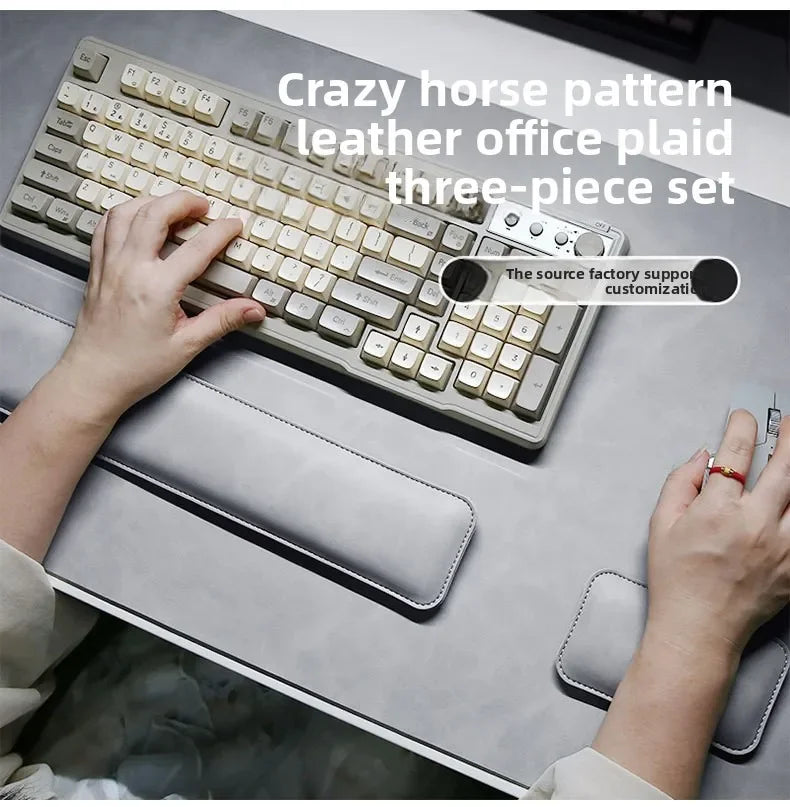Desk mat three-piece set: waterproof PU mouse pad, large non-slip desk pad with wrist rest in gray