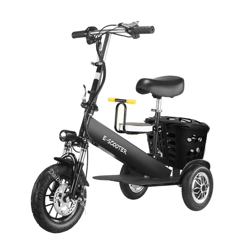 Foldable mini electric tricycle for adults with rear basket, black, 3 wheels, 500W 36V