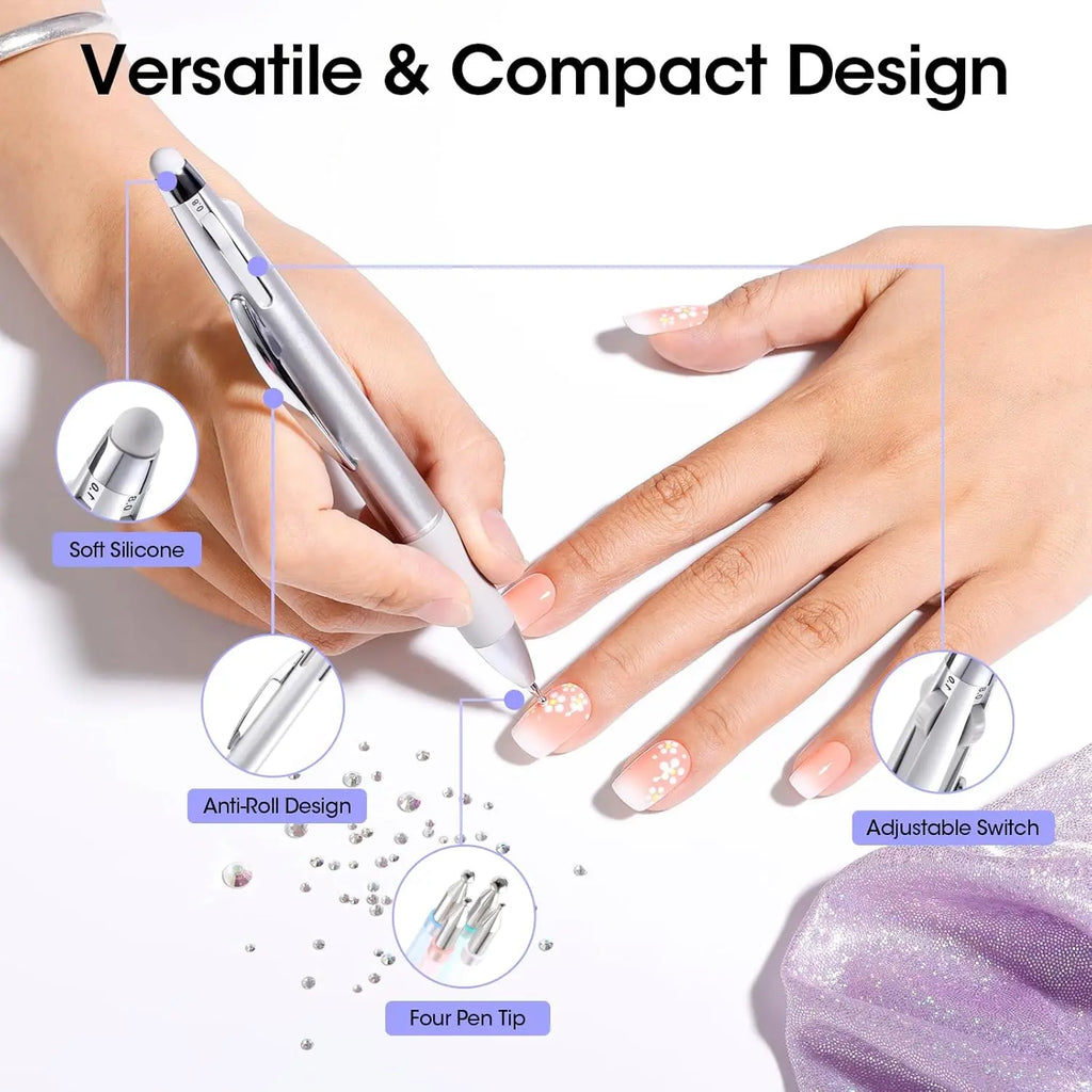 5-in-1 nail art dotting pen with four tips, silver press-type manicure tool for precise dots