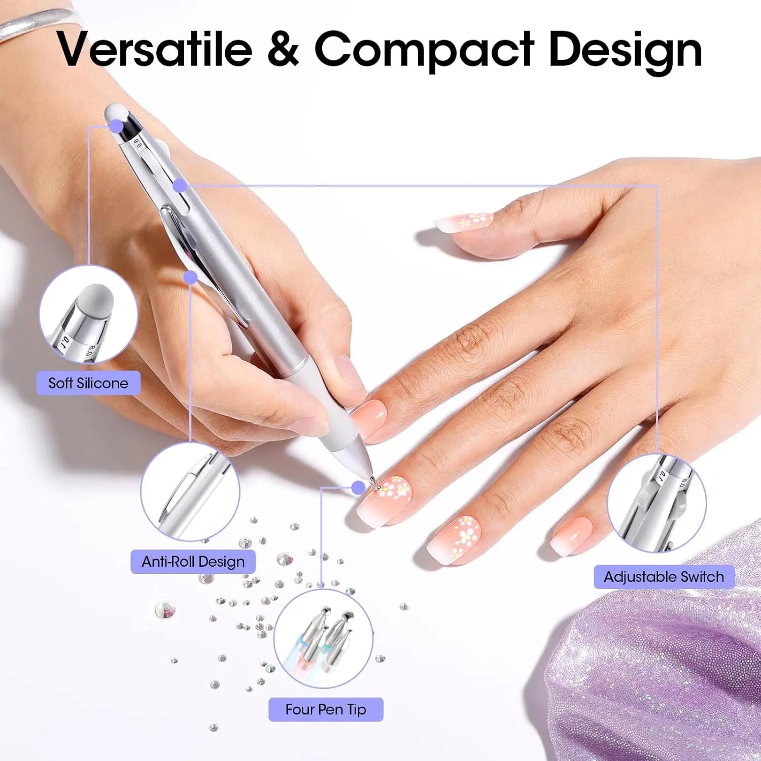 5-in-1 nail art dotting pen with four tips, silver press-type manicure tool for precise dots