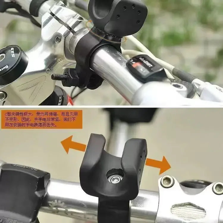 360 Degree Bicycle LED Flashlight Mount Holder attached to a walking stick, featuring adjustable positioning and secure grip.