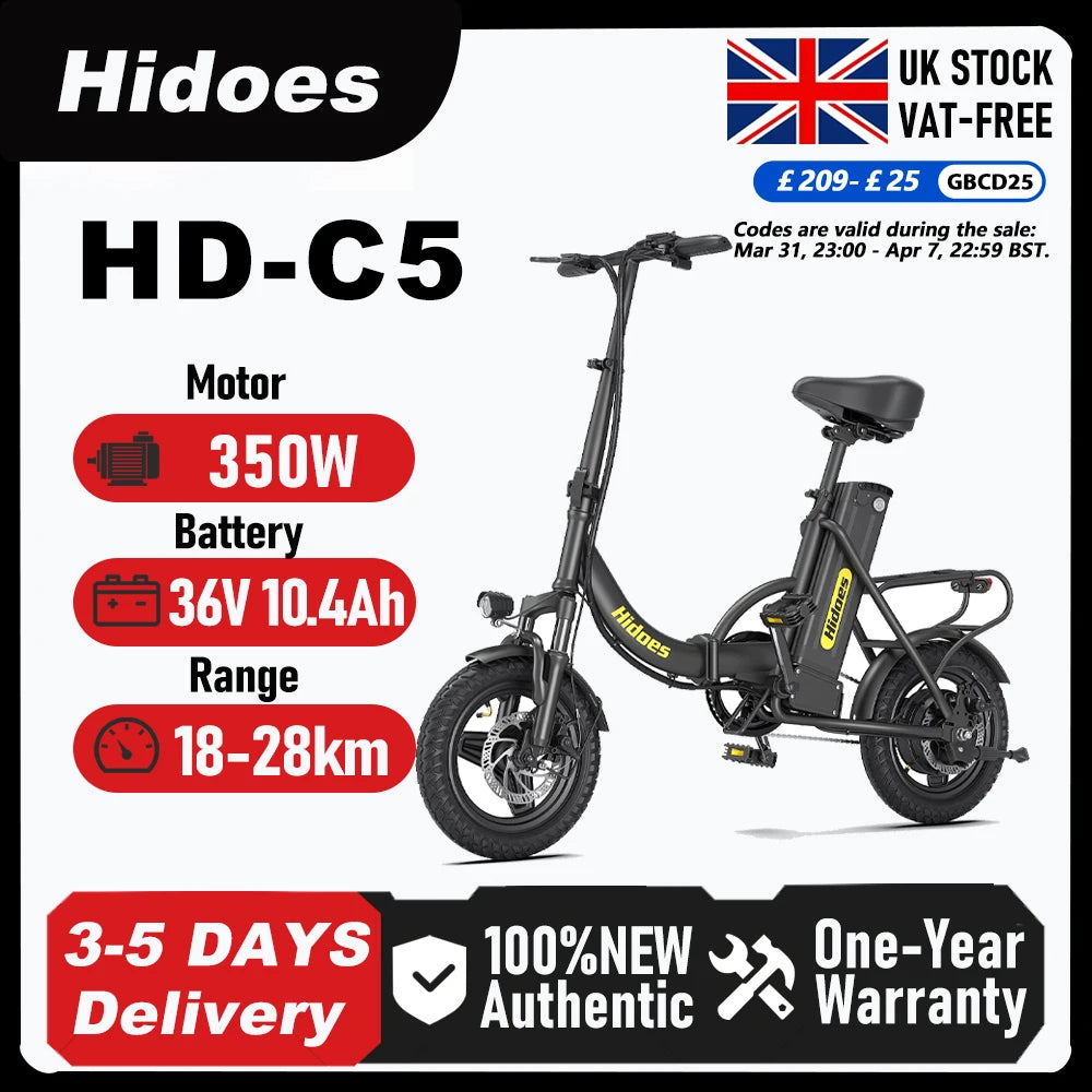 Hidoes HD-C5 folding electric bike, black frame, 350W motor, 36V 10.4Ah battery, 14-inch wheels