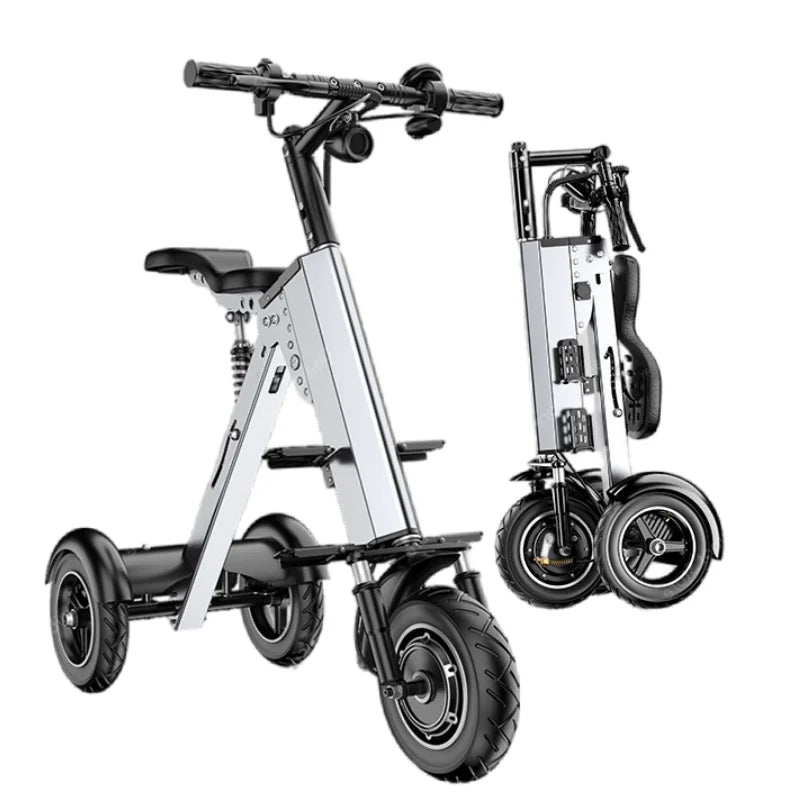 MobilityBuy.com 3-wheel folding adult electric scooter with seat, silver frame, two units shown