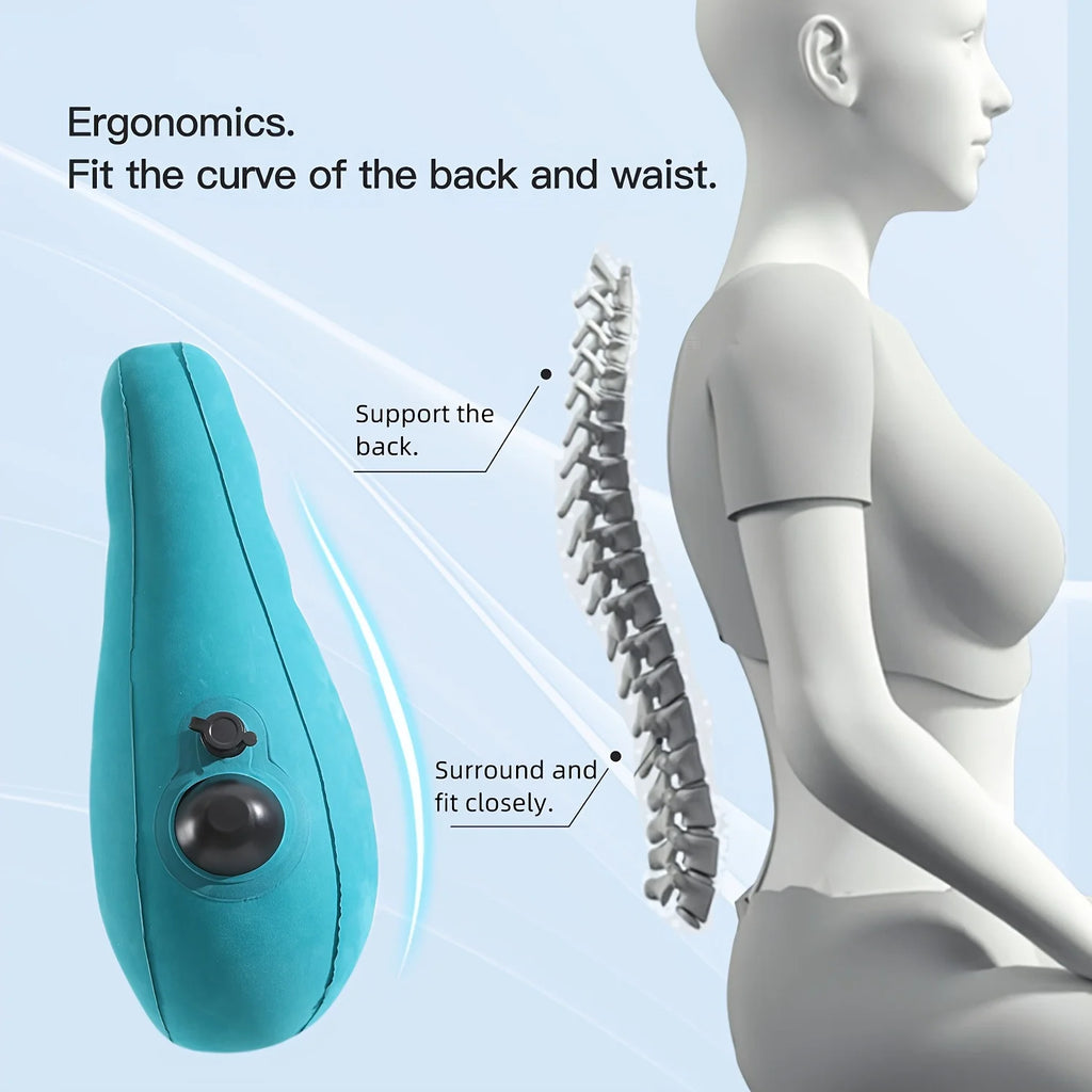 Ergonomic inflatable lumbar support pillow in teal by MobilityBuy.com for back comfort on long flights.