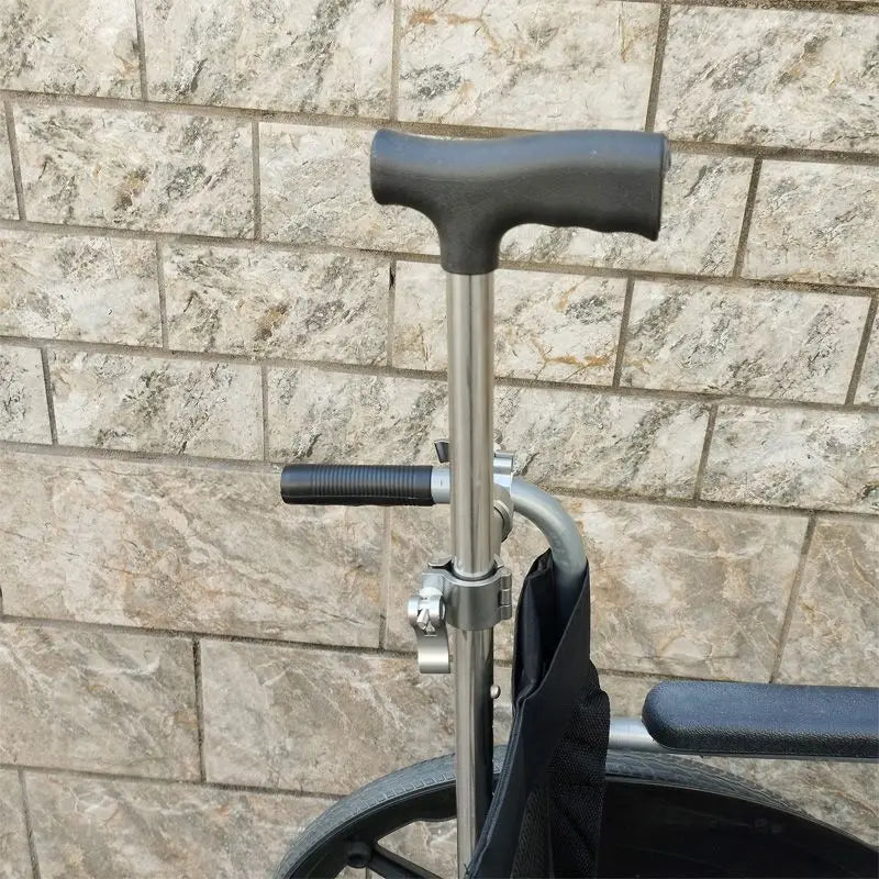 Electric wheelchair cane clip fixing device on a silver aluminum-magnesium alloy cane with clamp and black grip