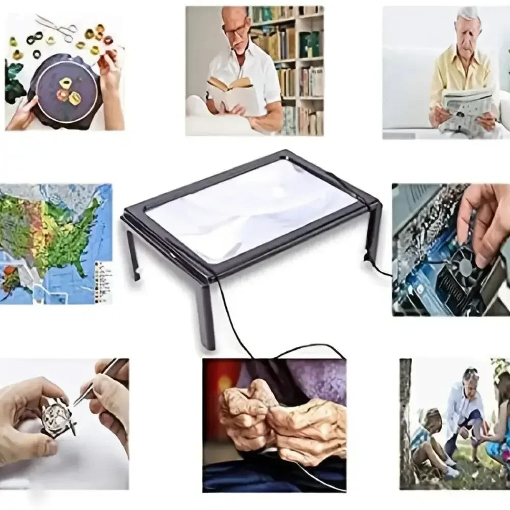 Large print viewer with 5X LED magnification, detachable stand, and battery-powered design by MobilityBuy.