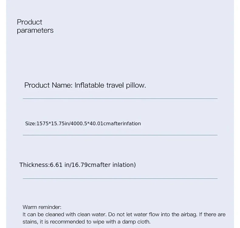 Inflatable travel pillow product parameters page showing name, size and thickness.