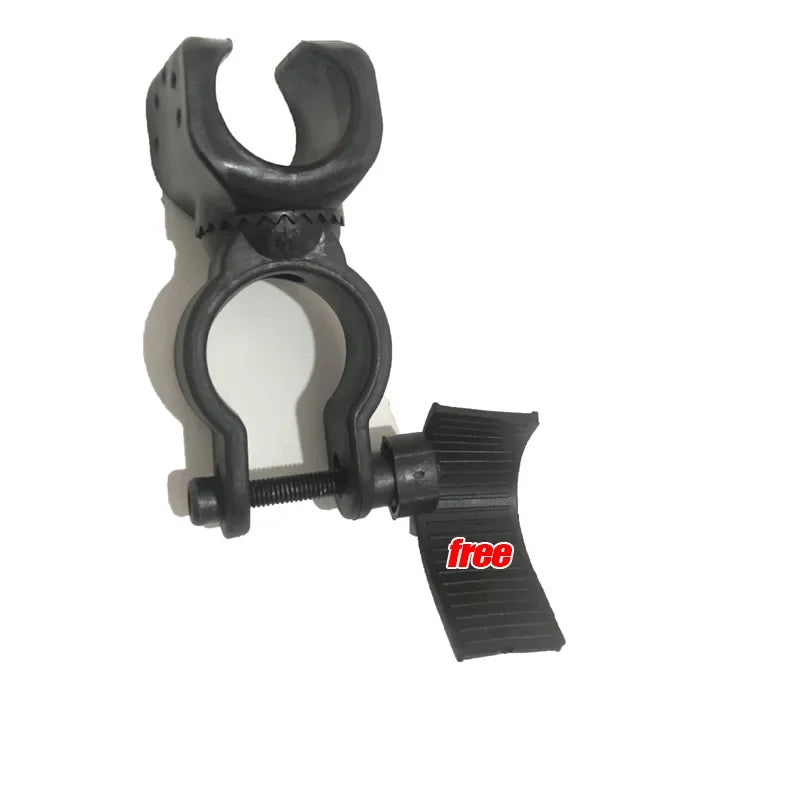 360-degree bicycle LED flashlight mount holder attached to a walking stick, showcasing its adjustable design and sturdy build.