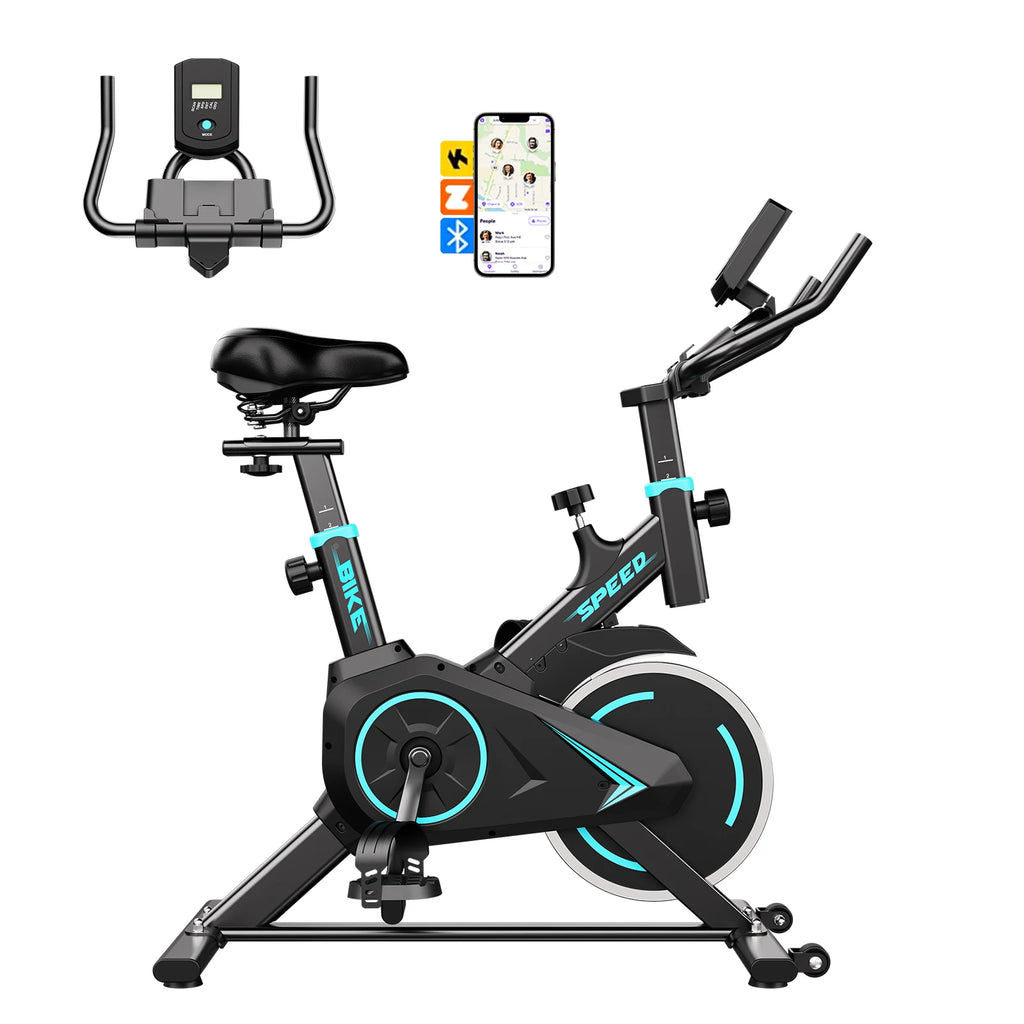 Upright spin exercise bike with black frame and blue accents, digital console, Zwift app icons on smartphone