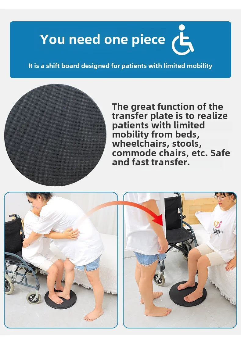 Rotating transfer turntable plate for bed-to-chair moves; black circular platform shown in two patient transfer scenes