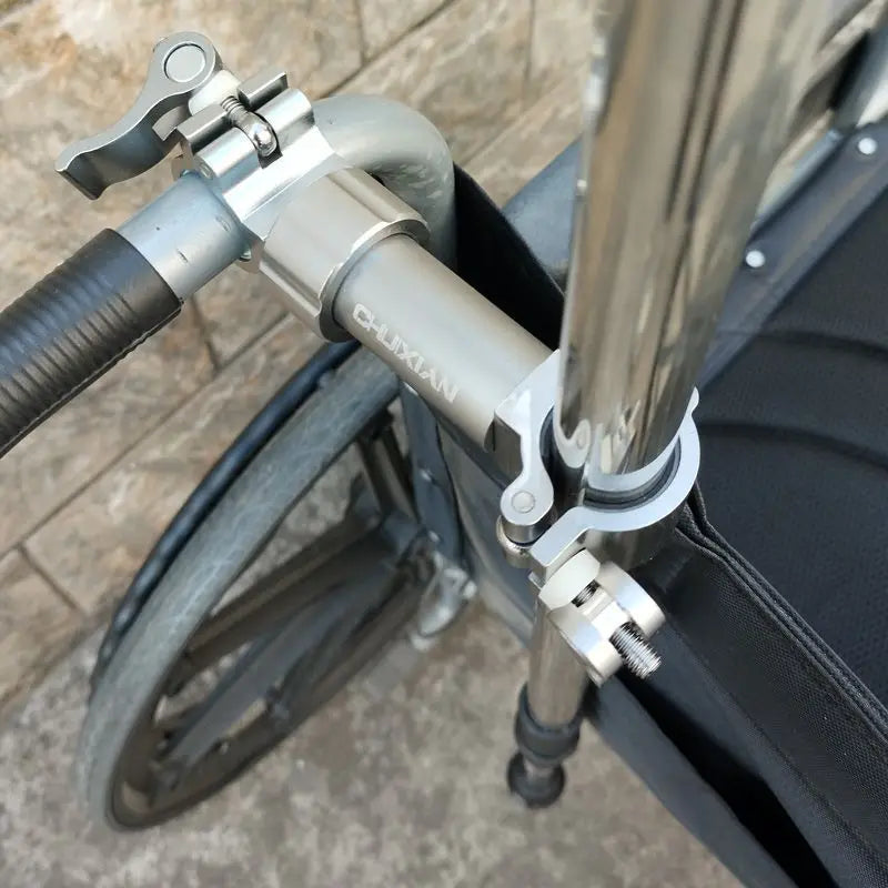Electric wheelchair cane clip fixing device in silver aluminum-magnesium alloy with adjustable clamps