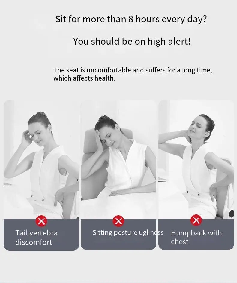 Lumbar support memory foam cushion three-panel collage showing back discomfort and poor seated posture MobilityBuy.com