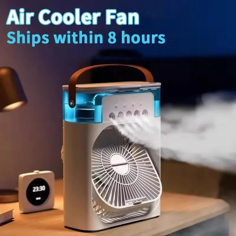 Portable air cooler fan with 500ml water tank, mist spray, white body and blue top
