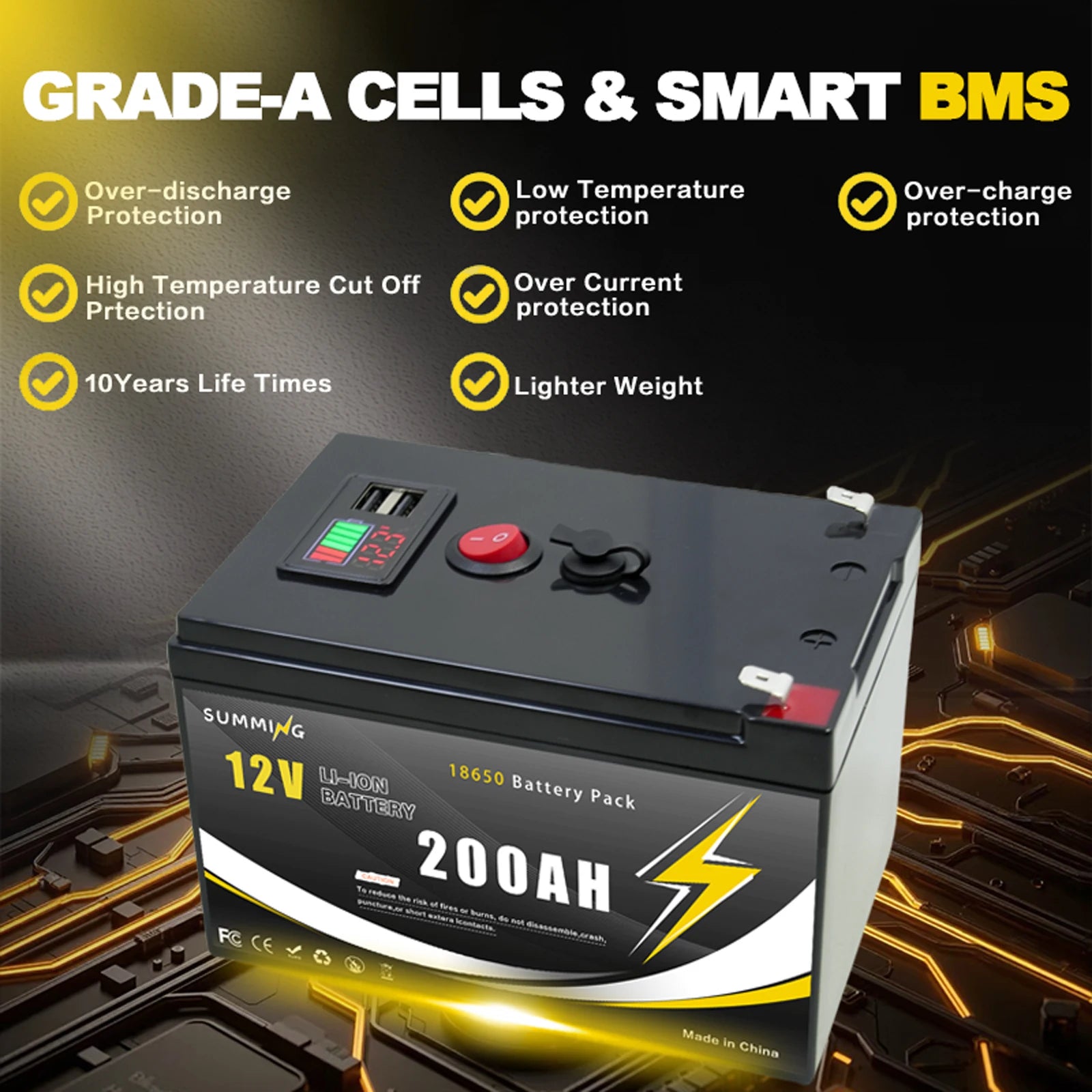 12V Lithium LiFePO4 mobility battery with USB port, showcasing sleek design and compact size for scooters.