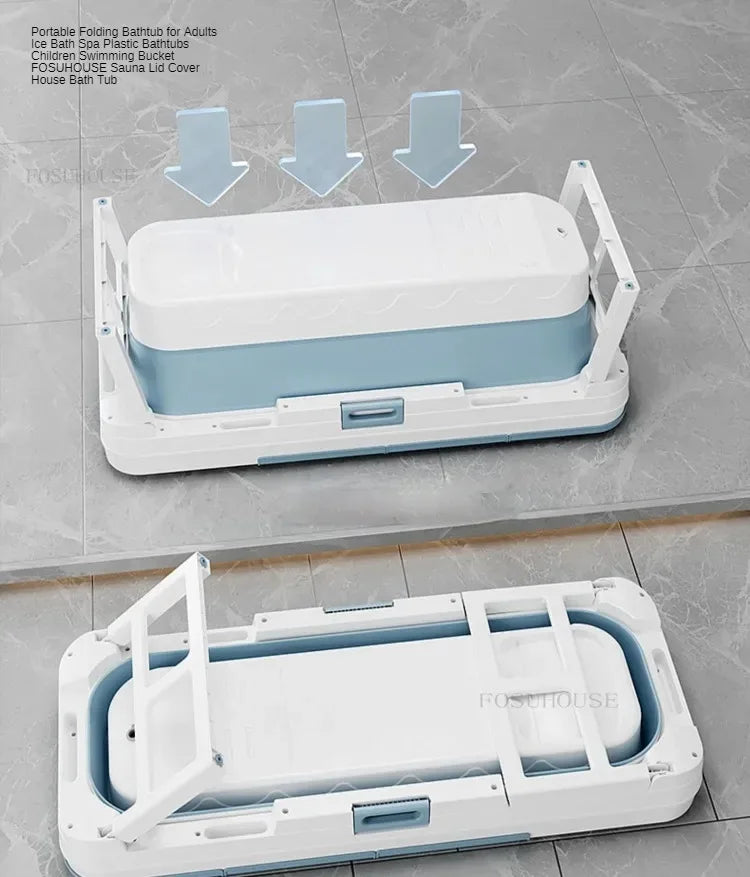 Portable folding plastic bathtub for adults with blue interior and white lid, MobilityBuy.com