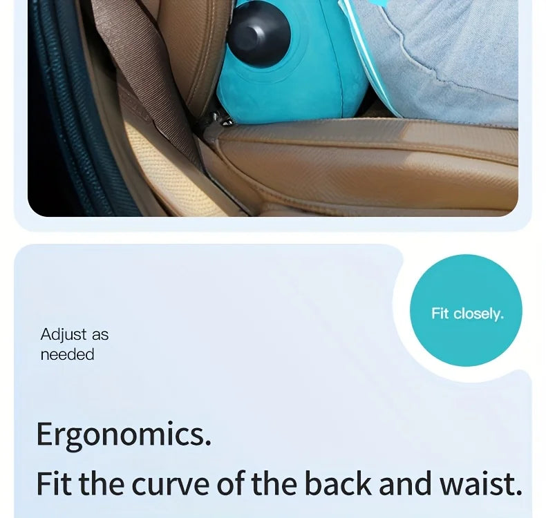 Ergonomic inflatable lumbar support pillow in turquoise for car seat backrest, enhances comfort on long flights