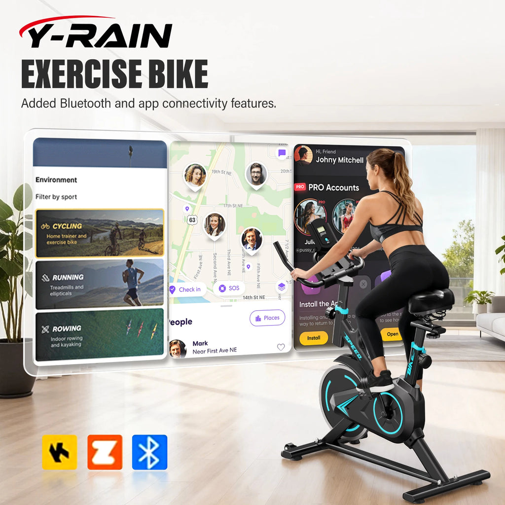 Upright spin exercise bike by Y-Rain; black frame with teal accents, Bluetooth/app connectivity, Zwift compatible