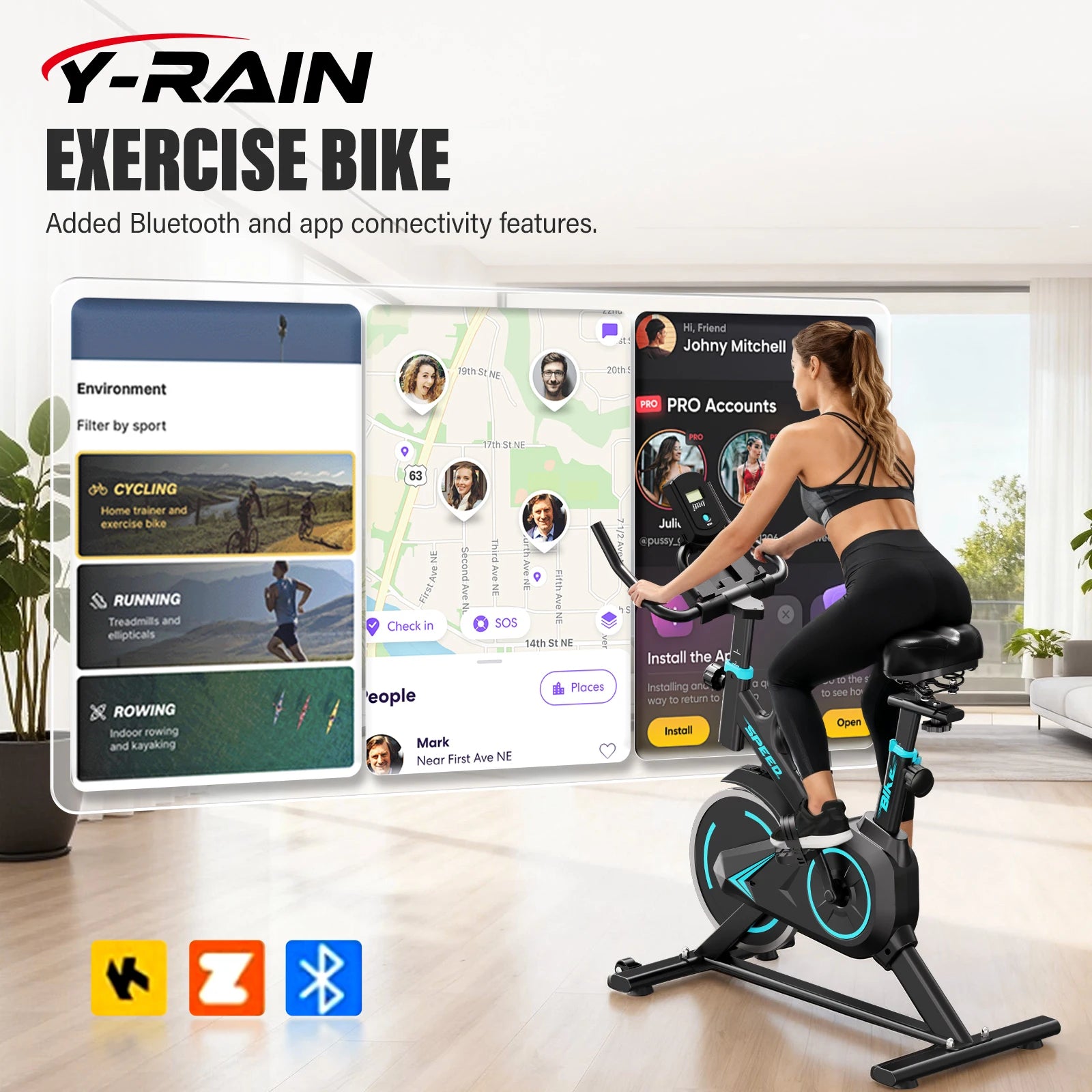 Upright spin exercise bike by Y-Rain; black frame with teal accents, Bluetooth/app connectivity, Zwift compatible