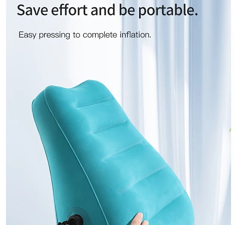 Ergonomic inflatable lumbar support pillow, teal, press-type cushion for long flights