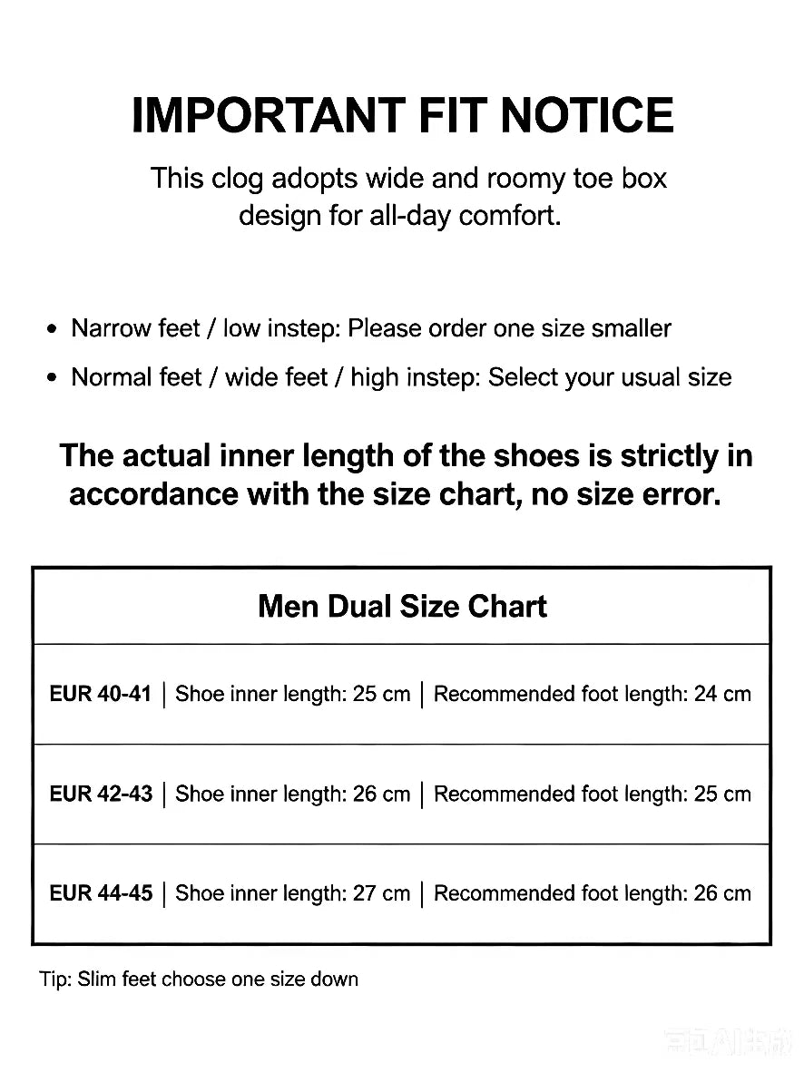 Slippers fit notice and men's dual size chart listing EUR 40–41 to 44–45 with inner lengths 25–27 cm and sizing tips.