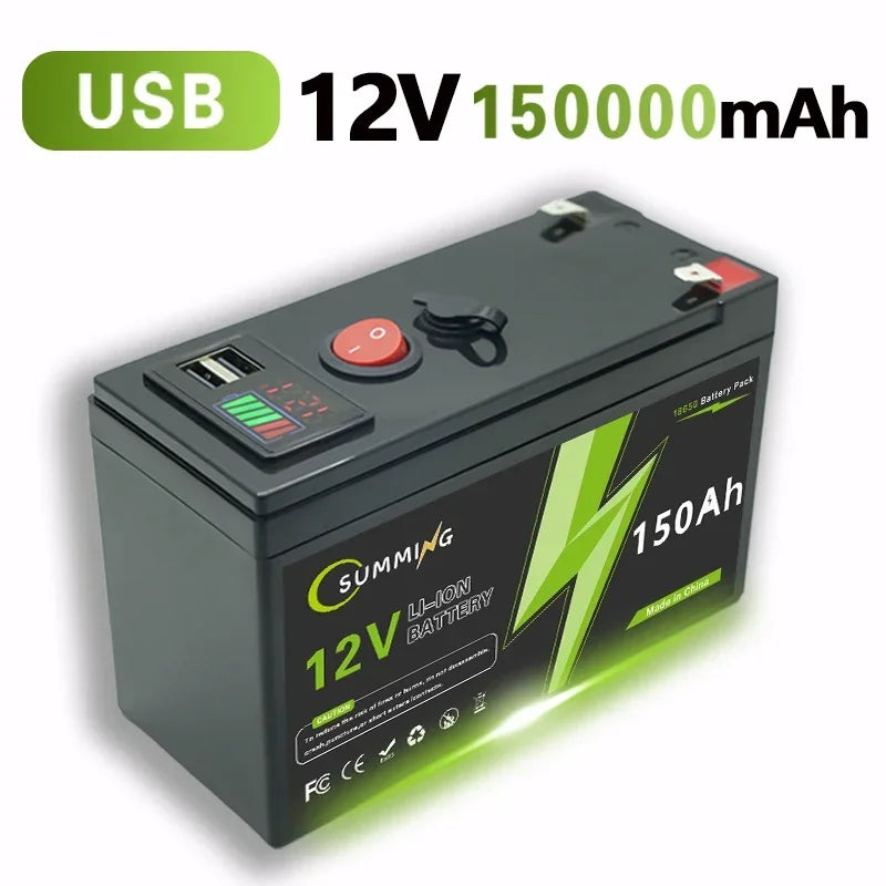 12V 150Ah rechargeable lithium mobility battery with a robust design and clear labeling, ideal for various applications.