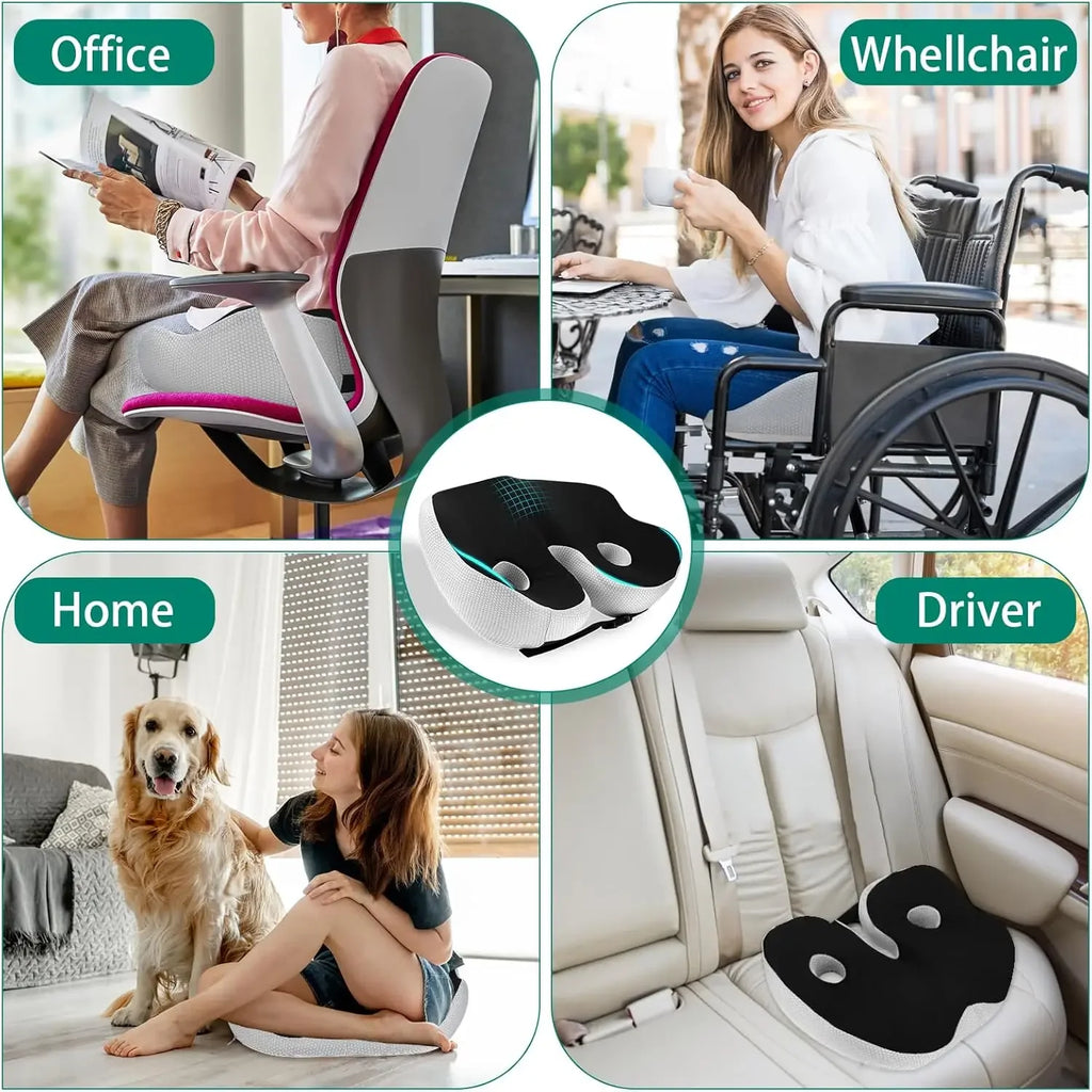 Seat cushion, black orthopedic memory-foam prostate cushion for tailbone and sciatic pain relief; MobilityBuy.com