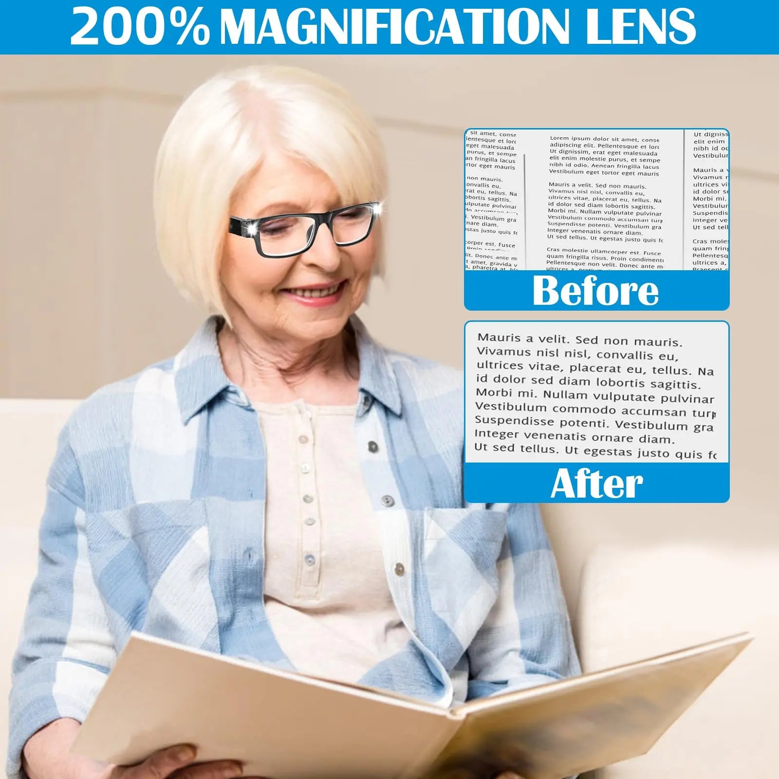 Aliexpress 200% magnifying glasses with lamp and USB rechargeable LED, showcasing lenses and adjustable light feature.