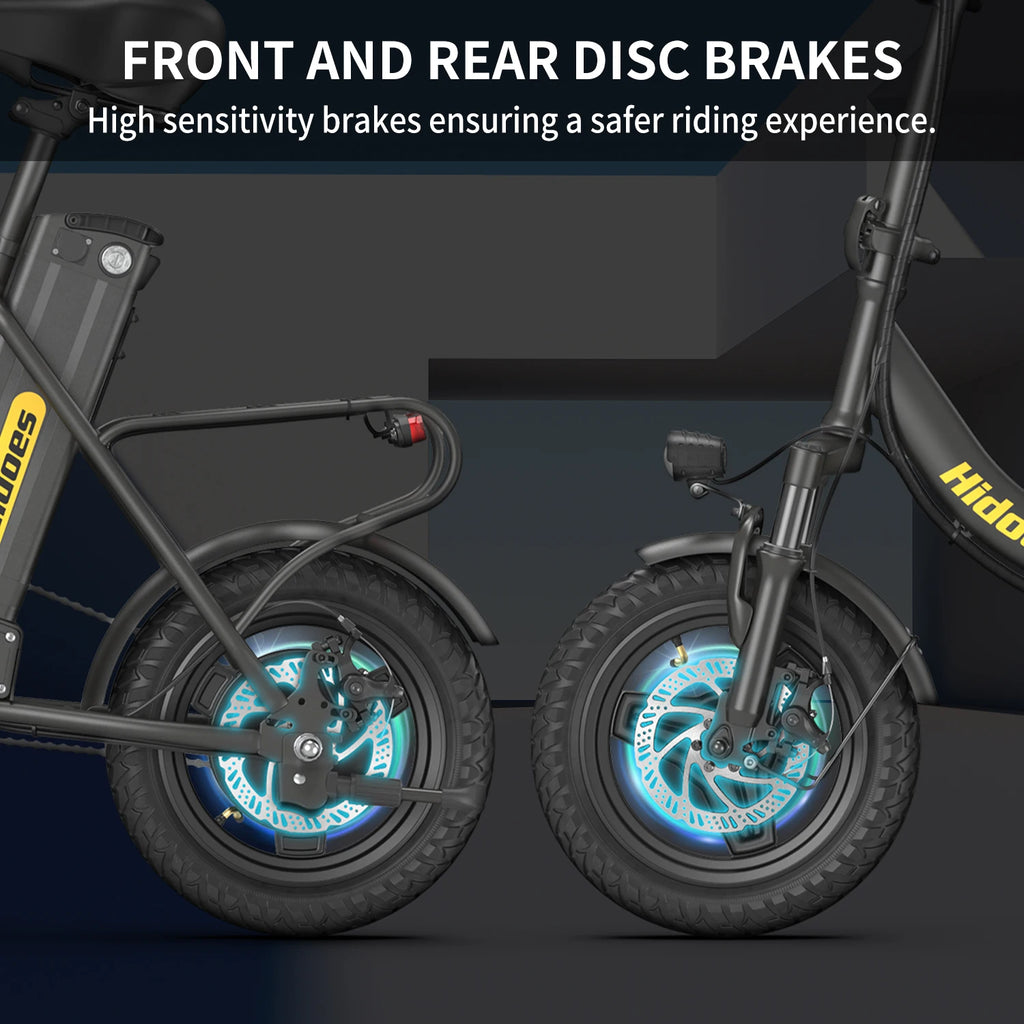 Hidoes C5 folding electric bike with 350W motor, black frame, 14-inch wheels and front/rear disc brakes.
