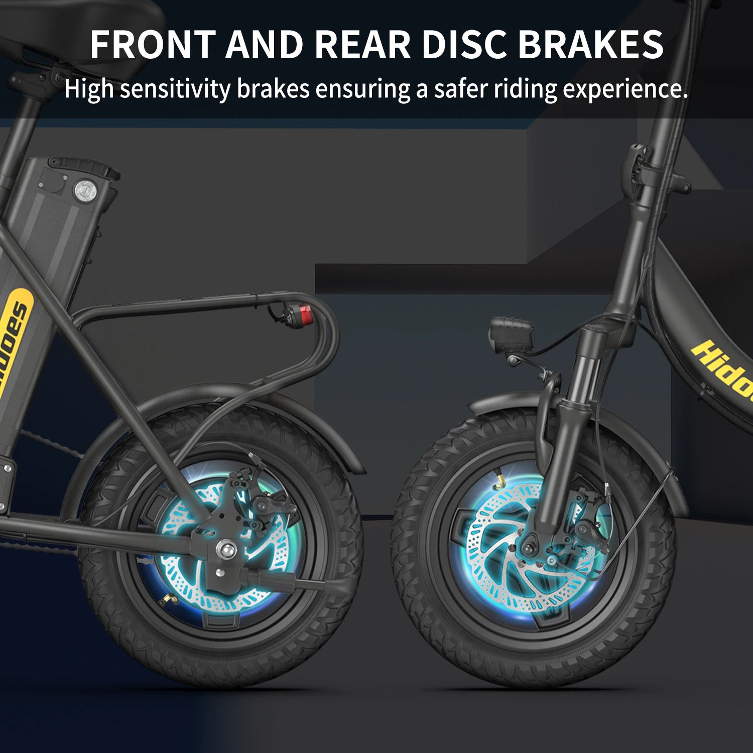 Hidoes C5 folding electric bike with 350W motor, black frame, 14-inch wheels and front/rear disc brakes.