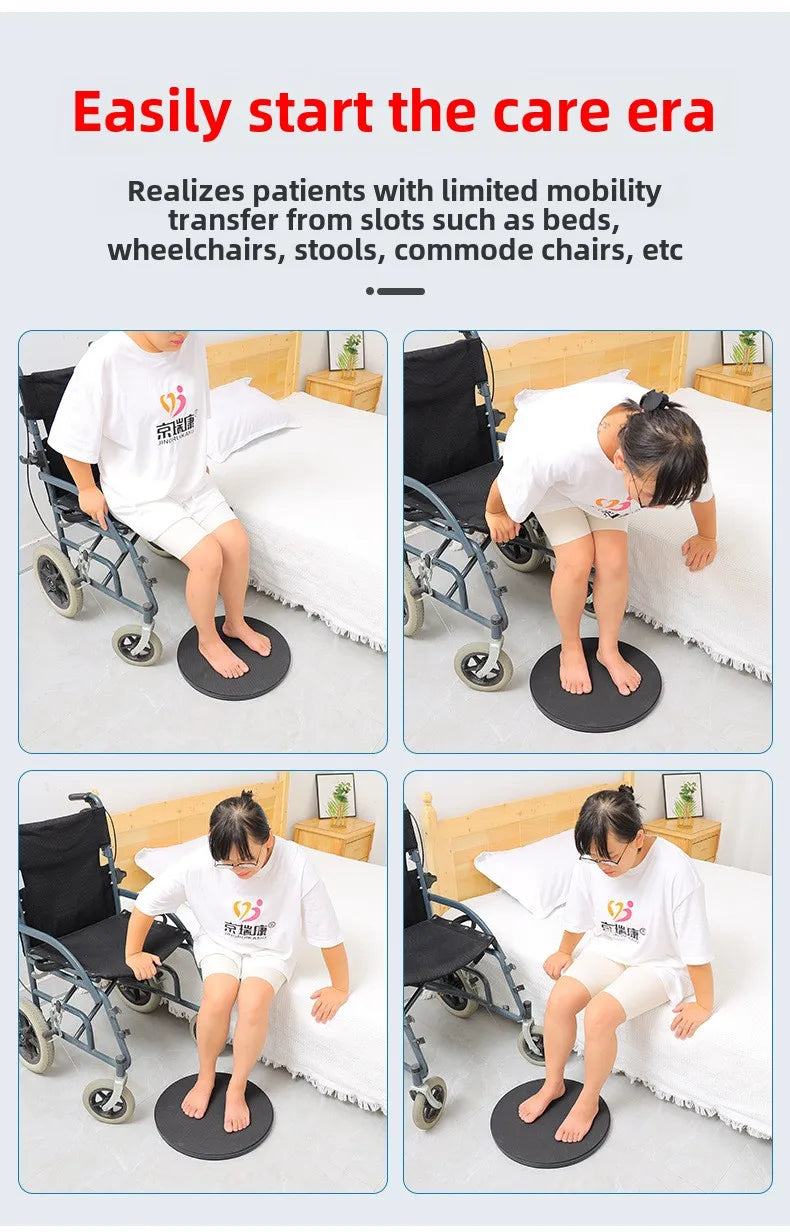 Four-panel bed transfer turntable platform; round black disk for wheelchair-to-bed transfers.