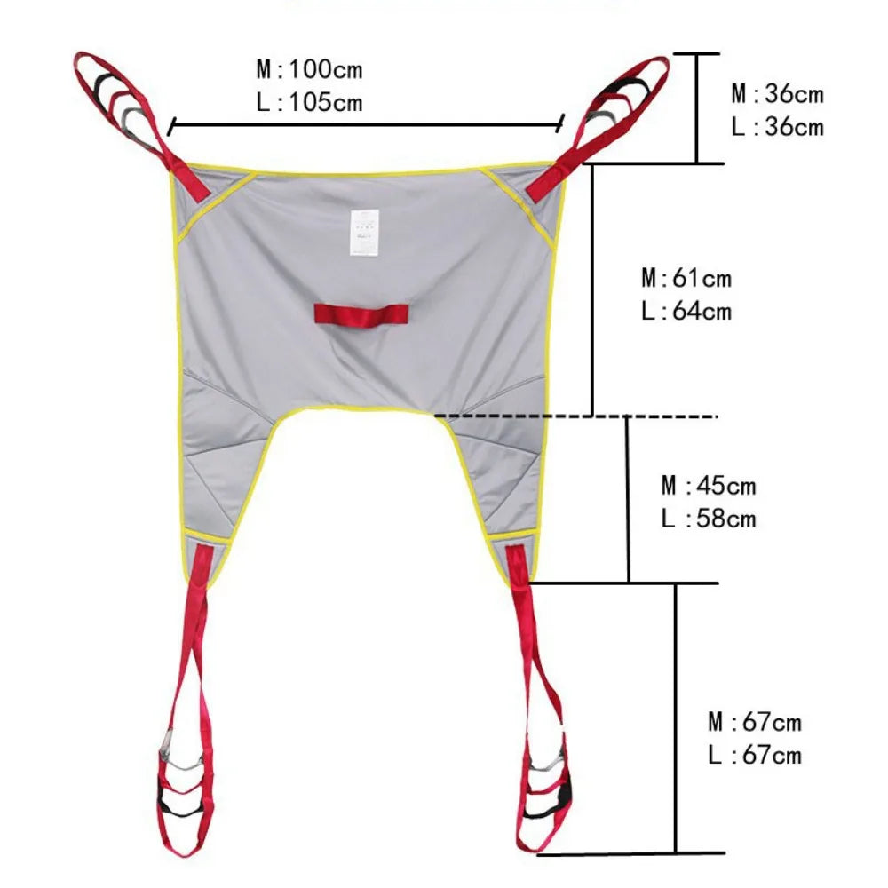 Adjustable lifting sling with assist straps for disabled patients, shown in use for safe lifting and mobility assistance.