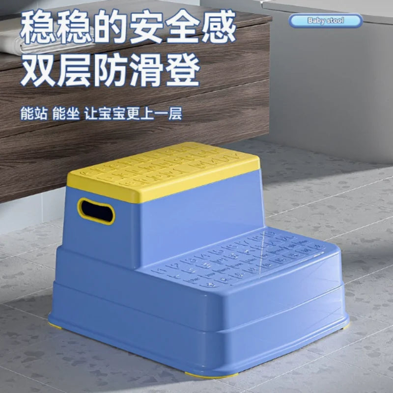 Household kids safety step stool, blue and yellow, 2-tier non-slip, portable bathroom ladder