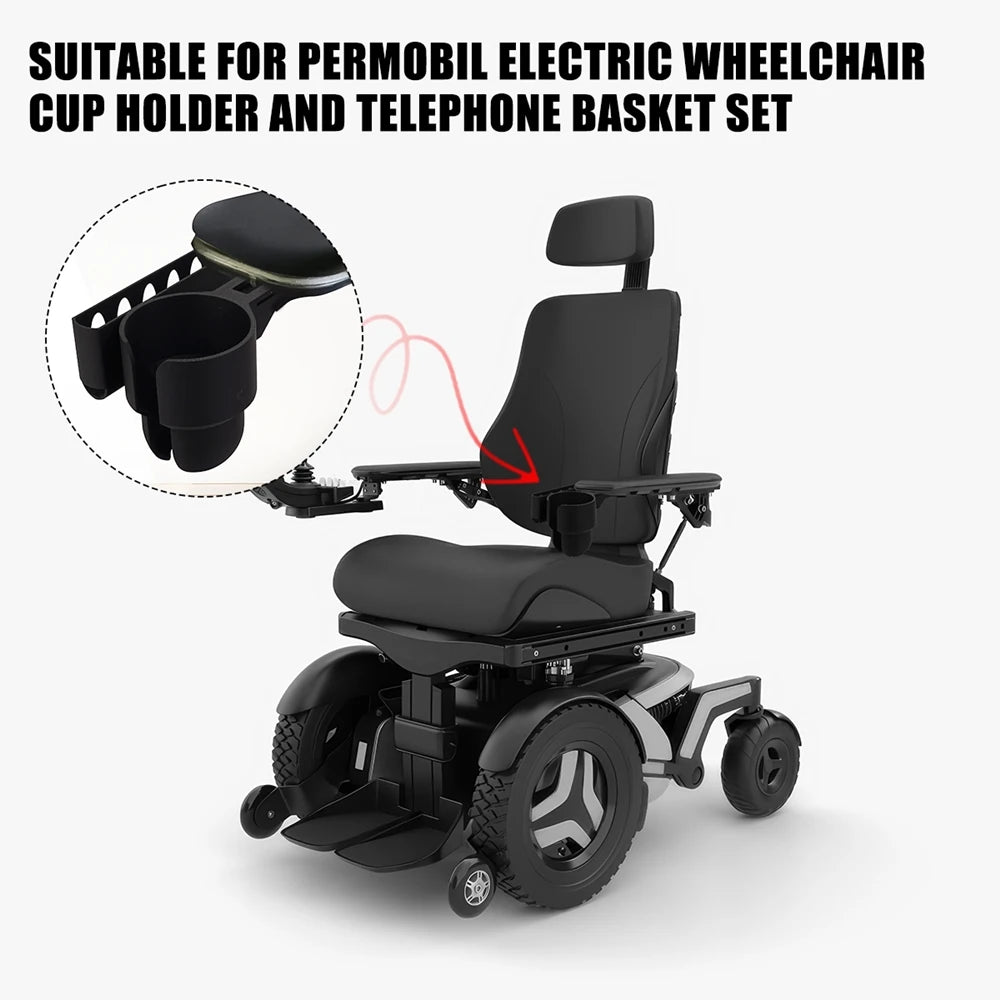 Permobil Electric Wheelchair Cup Holder And Phone Basket Set 1 Or 2 Pack - MobilityBuy.com 