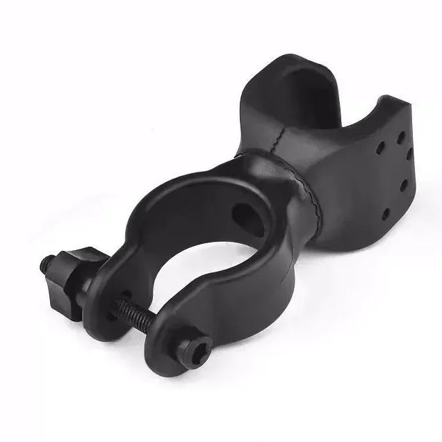 360-degree bicycle LED flashlight mount holder, compatible with walking sticks, showcasing adjustable grip and durable design.
