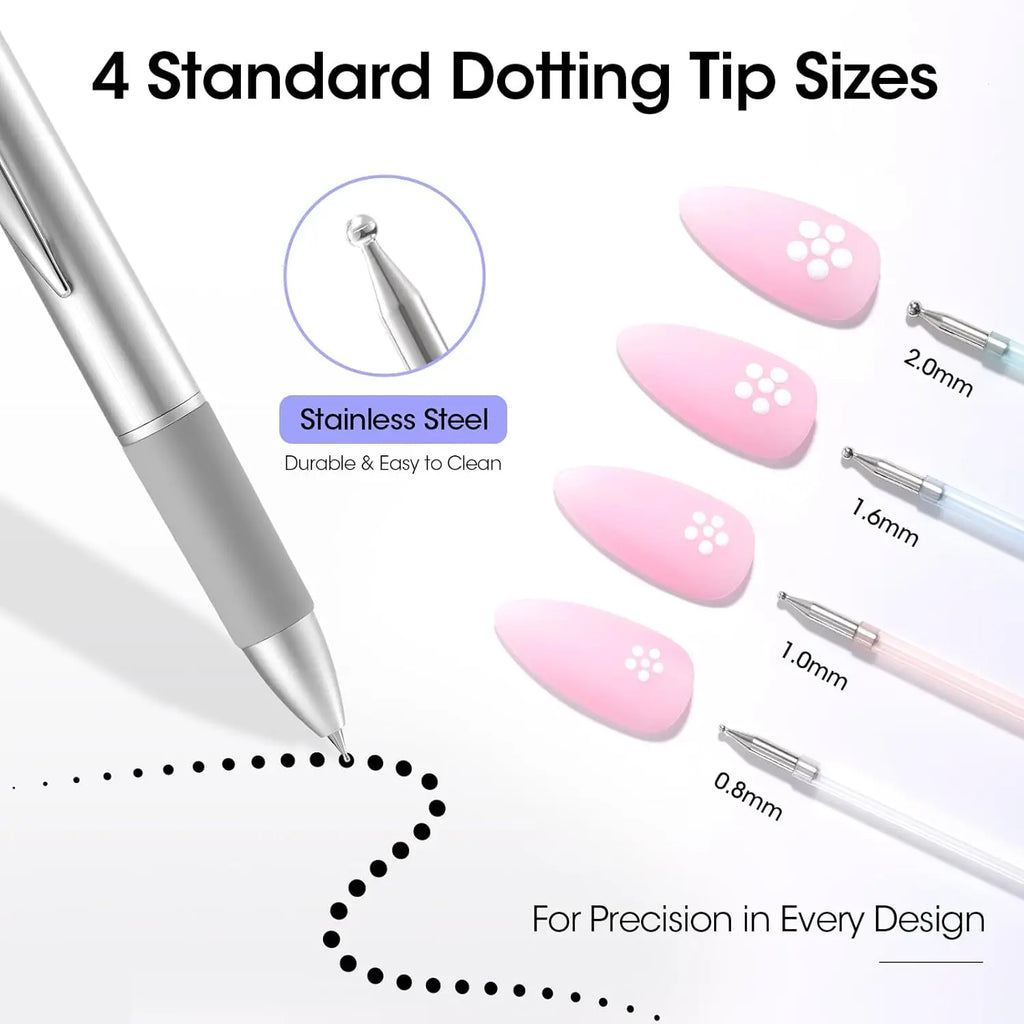 Nail art dotting pen with 4 standard tip sizes in stainless steel