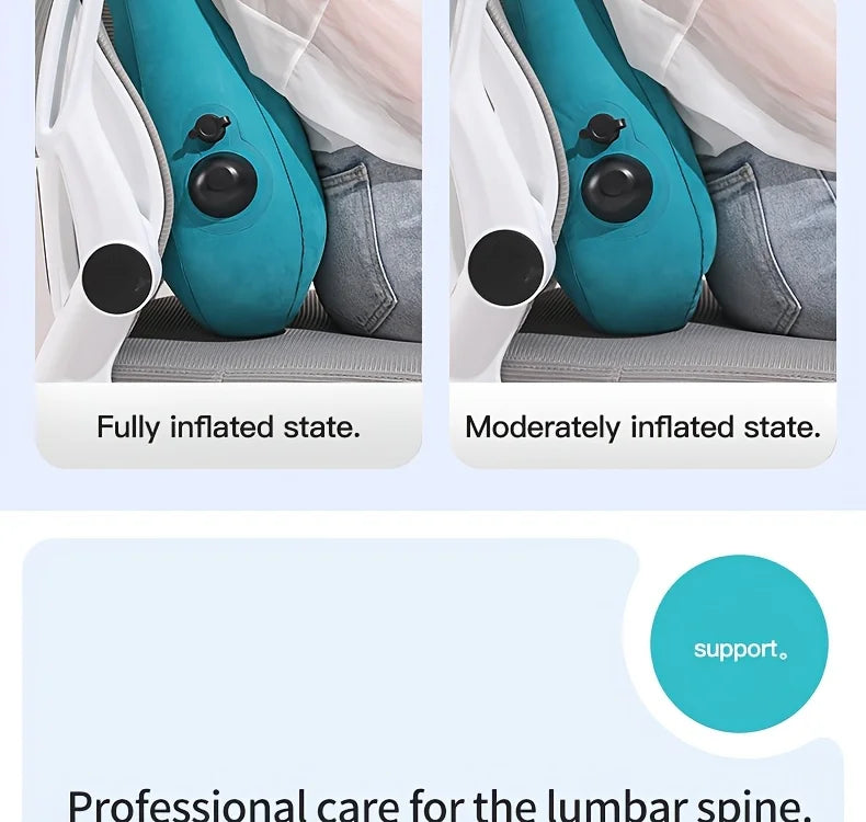 Ergonomic inflatable lumbar support pillow by MobilityBuy.com in teal for added back comfort on long flights.
