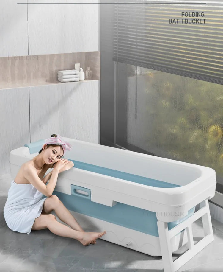 Portable folding bathtub for adults, white with blue interior, plastic tub by MobilityBuy.com
