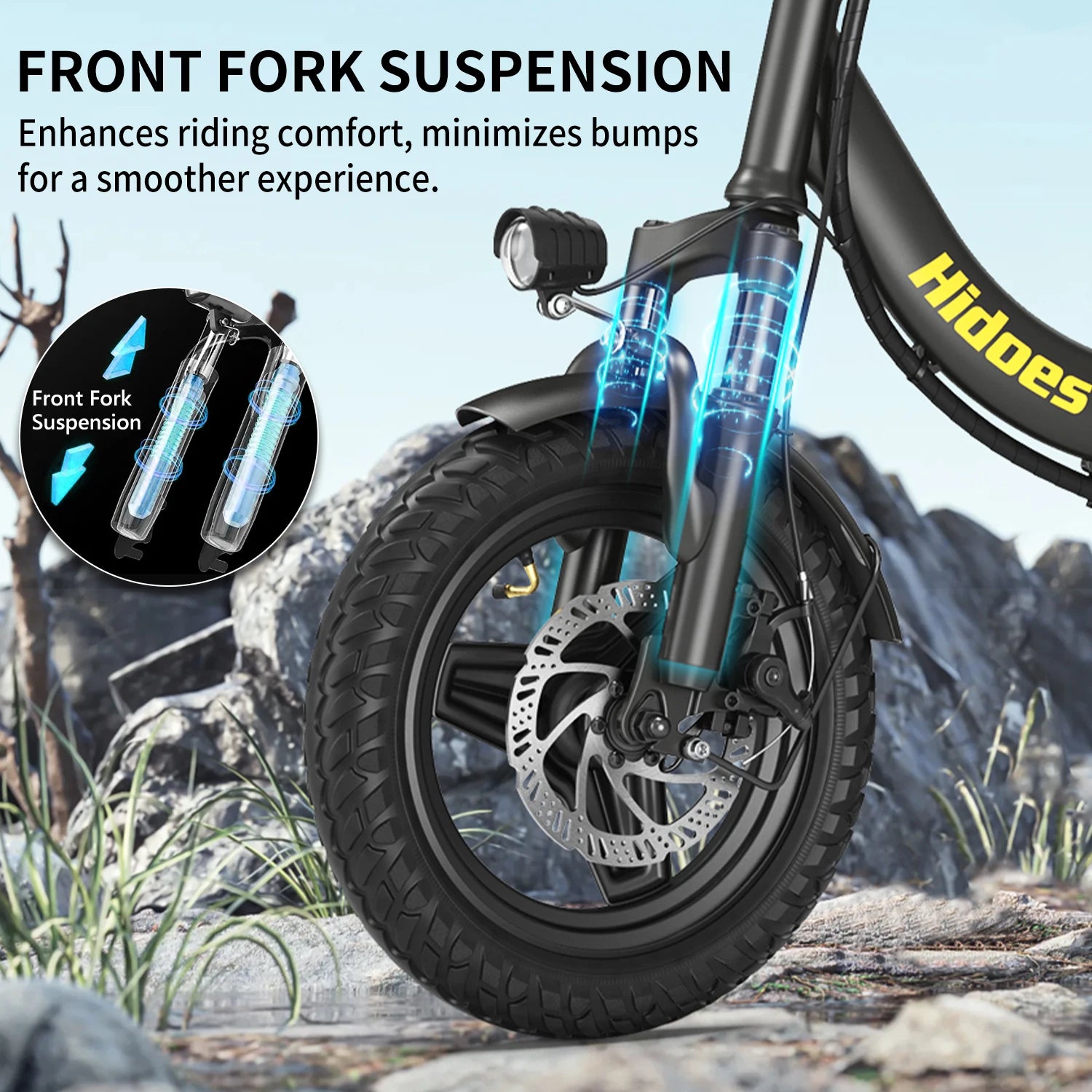 Hidoes C5 electric bike, black 14-inch folding e-bike with front fork suspension