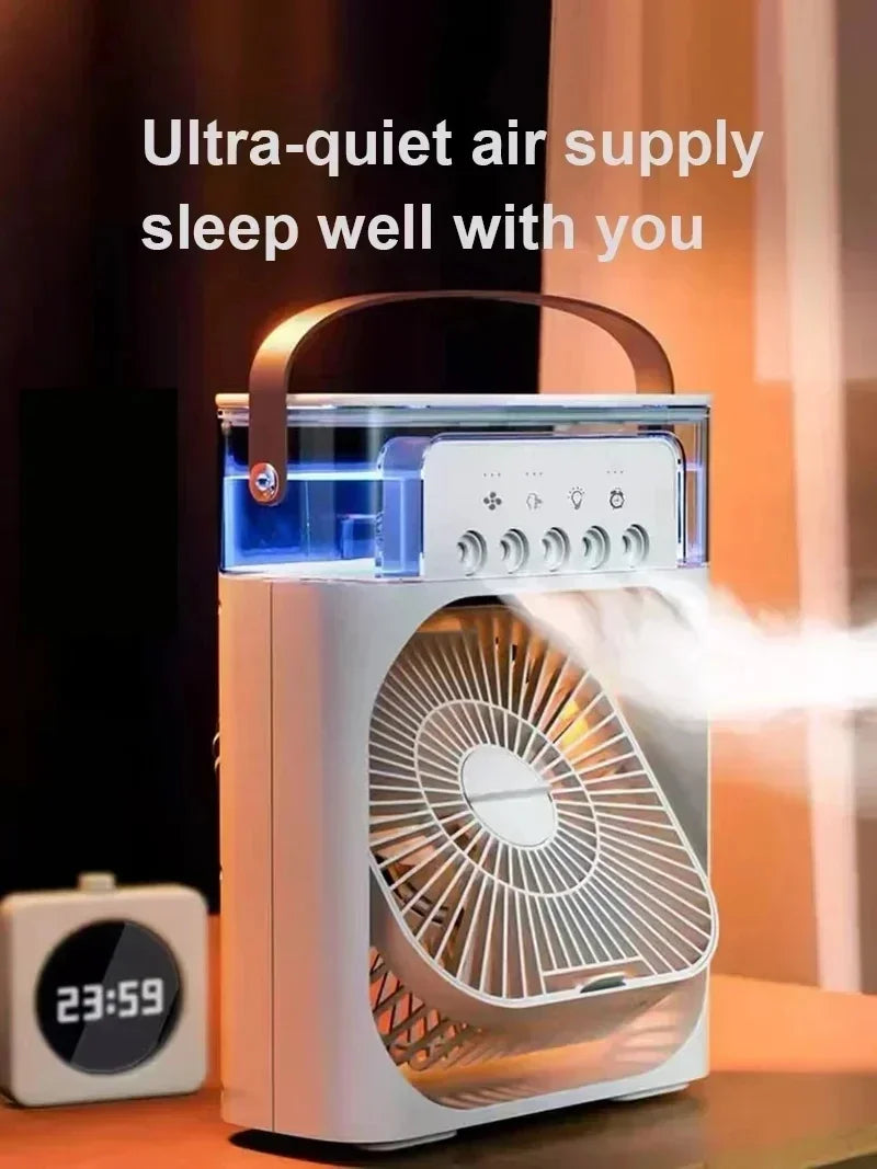 MobilityBuy.com portable air cooler with 500mL water tank, mist spray, white compact fan