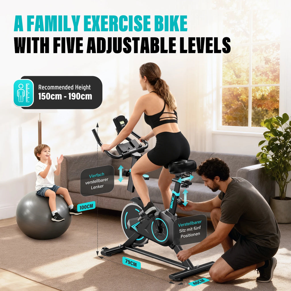 Upright spin exercise bike by MobilityBuy.com with blue accents and five adjustable resistance levels for home gym