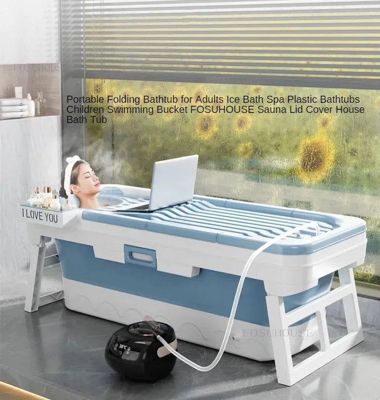 Portable folding bathtub for adults; blue and white plastic tub by MobilityBuy.com for ice bath spa.