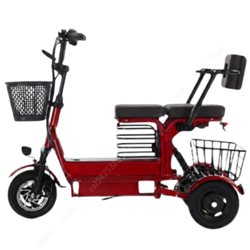 MobilityBuy.com red 3-wheel family two-seat electric mobility scooter with front and rear baskets