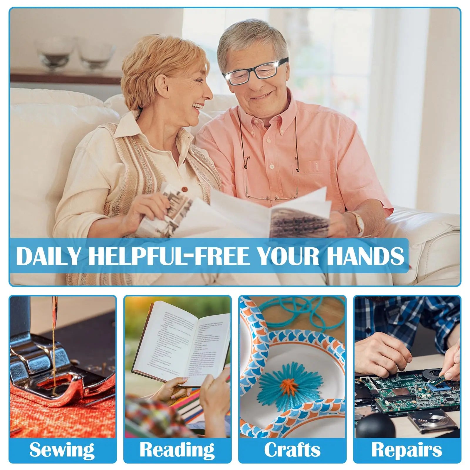 200% magnifying glasses with lamp, USB rechargeable LED, showcasing lenses and adjustable light feature.