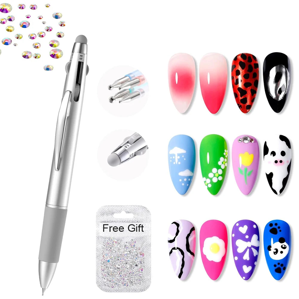 5-in-1 Nail Art Dotting Pen silver multi-head manicure tool by MobilityBuy.com, 12 nail art designs and glitter gift